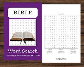 May include: A black and white word search puzzle with the word "BIBLE" at the top. The puzzle features words related to the Bible, such as Esther, Obadaih, and Sapphira. The puzzle is designed for adults, seniors, and teens.