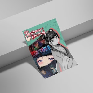 May include: A teal and pink graphic novel cover titled "The Apothecary Diaries" featuring anime-style illustrations. The cover art includes a woman in traditional clothing and other characters.
