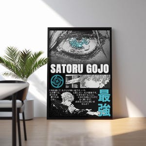 May include: A framed poster featuring a detailed illustration of an eye with a blue iris, and the text "SATORU GOJO" in large white letters. The poster also includes Japanese text and illustrations of a character from the anime series.