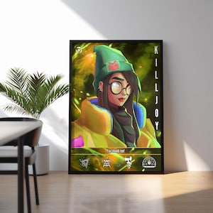 May include: A framed digital art print featuring a character with dark hair, round glasses, and a green beanie. The character wears a yellow jacket. The text KILLJOY and You should run! are visible, along with four small white icons at the bottom.