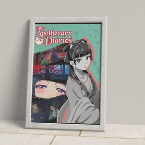 May include: Framed anime art print featuring a woman in traditional garb, with the title "The Apothecary Diaries." The artwork has a teal background and a detailed illustration style, perfect for fans of anime and manga.
