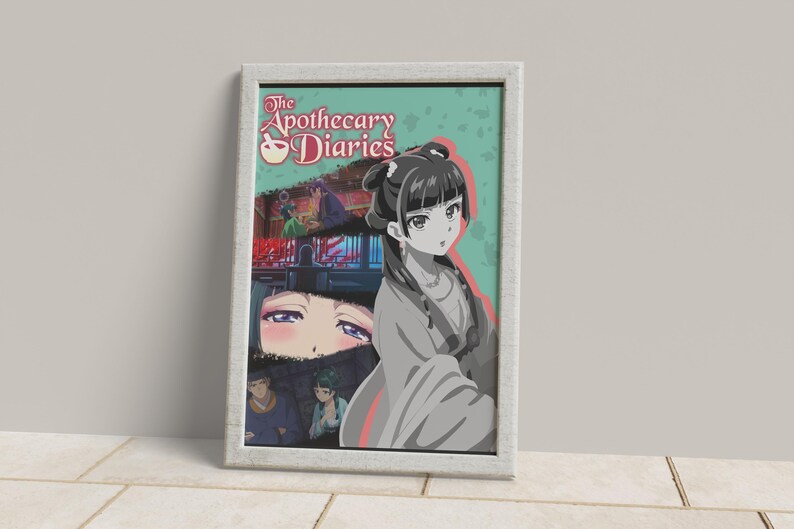 May include: Framed anime art print featuring a woman in traditional garb, with the title "The Apothecary Diaries." The artwork has a teal background and a detailed illustration style, perfect for fans of anime and manga.
