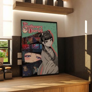 May include: Framed poster featuring anime-style artwork. The poster has a teal background with the text "The Apothecary Diaries" and illustrations of characters. The artwork is displayed in a kitchen setting, with a window and wooden cabinets.