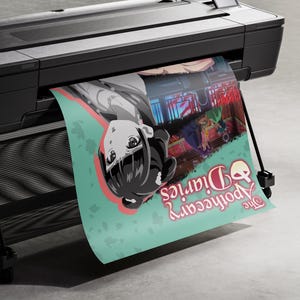 May include: A large format printer printing a poster. The poster features an anime-style illustration of a woman with black hair and the text "The Apothecary Diaries" in a stylized font. The poster has a teal background.