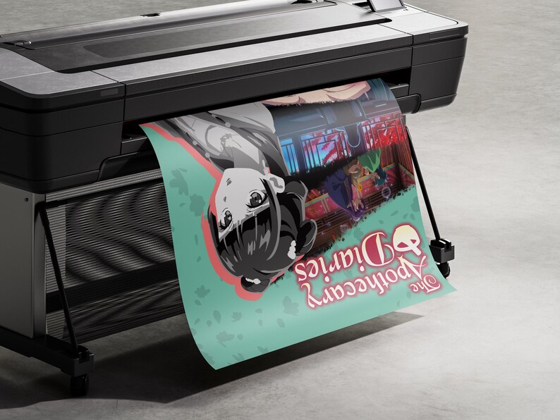 May include: A large format printer printing a poster. The poster features an anime-style illustration of a woman with black hair and the text "The Apothecary Diaries" in a stylized font. The poster has a teal background.
