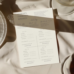 以下が含まれることがあります： ベージュ色のワインテイスティングシート。テキストと評価セクションがあり、透明なガラス製品とプレートが並んでいます。シートには、アロマ、フレーバー、全体的な印象のセクションがあり、星評価が付いています。