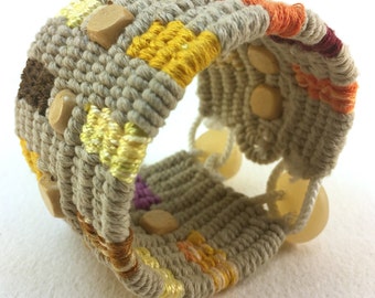 colorful double button cuff bracelet with wood beads size M 4237