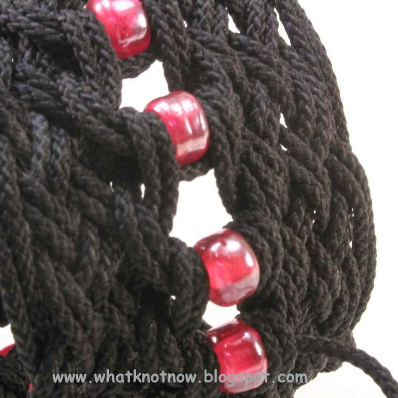 bead detail of black nylon star knot rope bracelet with red beads by WhatKnotShop on ETSY