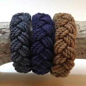 grey, tan, and navy cotton rope bracelets on display bar by WhatKnotShop on ETSY