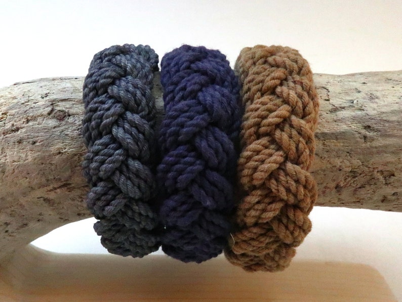 grey, tan, and navy cotton rope bracelets on display bar by WhatKnotShop on ETSY