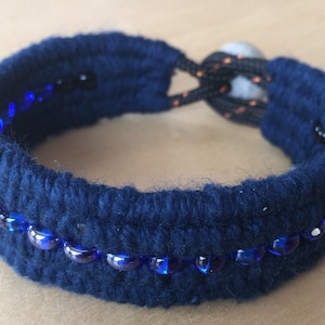 top view navy blue beaded cotton cuff bracelet by WhatKnotShop on ETSY