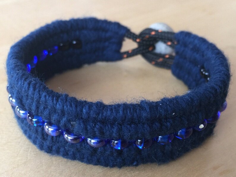 top view navy blue beaded cotton cuff bracelet by WhatKnotShop on ETSY