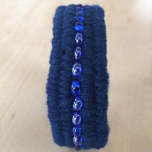 side view showing glass bead detail navy blue beaded cotton cuff bracelet by WhatKnotShop on ETSY