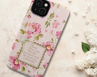 Bible Verse MagSafe Tough PhoneCase, Cottagecore Pink Floral, Vintage Stamp, Chic Bow, Christian Gift, iPhones 13-16 Mini Pro Plus Pro Max