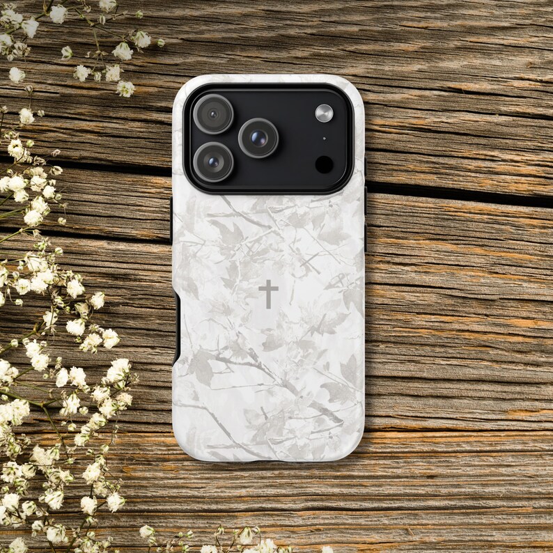 Faith Inspired White Camo Tough Phone Case | Christian Cross Camouflage |Believer Gift for Him or Her | Duck Hunter Enthusiast Military image 2