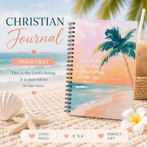 Palm Beach Sunset Schrift Notizbuch, Spirale Liniertes Journal, christlicher Glaube Geschenk für sie, rosa Sandwellen, Psalm 118 Bibel Schriftstudie
