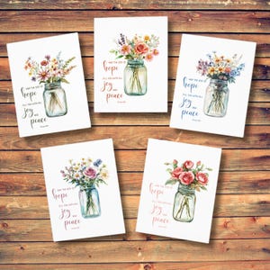 Hope Joy Peace Greeting Cards, Floral Cards, Variety Pack, Watercolor Flowers, Romans 15:13, 5-Pack, Send love, thinking of you cards, faith