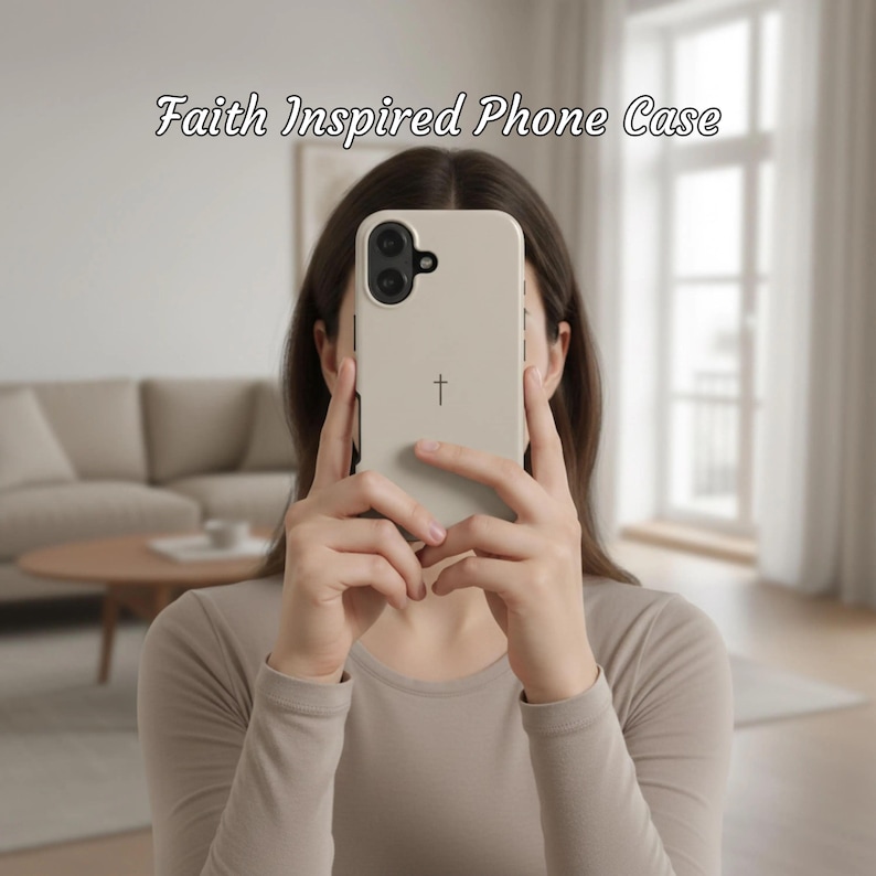 May include: A beige phone case with a cross design. The phone case is held in front of a person's face. The text "Faith Inspired Phone Case" is at the top of the image.