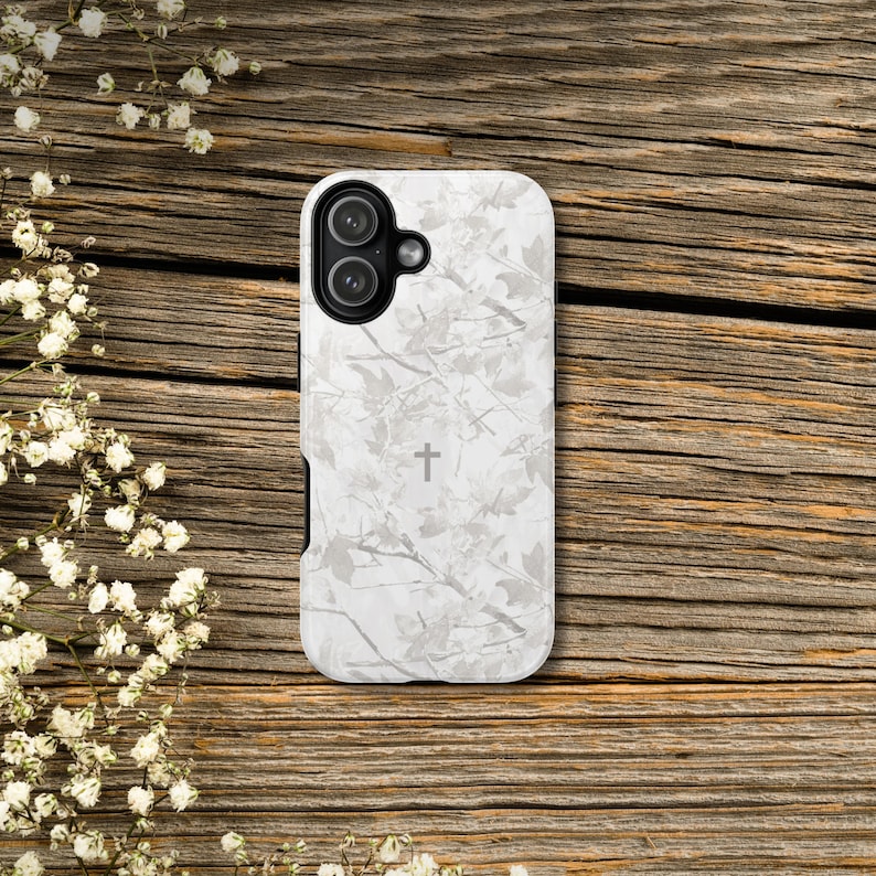 Faith Inspired White Camo Tough Phone Case | Christian Cross Camouflage |Believer Gift for Him or Her | Duck Hunter Enthusiast Military image 1