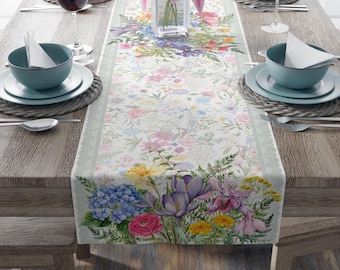 Vintage Floral Lace Table Runner, Farmhouse Spring Flower Easter Table Decor, Island Centerpiece, Cotton Tablecloth, Rustic Table Cover