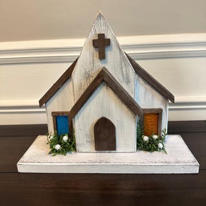 Handcrafted Wooden Church with Stained Glass Windows