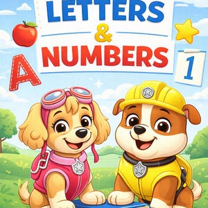May include: A vibrant children's book cover with the title "Learn with Letters & Numbers." Two cartoon puppies are depicted, one in pink attire and the other in a yellow hard hat. An apple, a star, and the number 1 are also visible.
