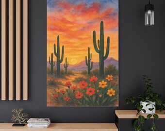 Desert Sunset Leinwanddruck - Boho Kaktus Wall Art