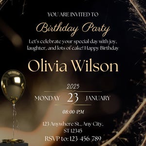Birthday templates, Black birthday invites, digital templates, instant download, printable, editable in Canva