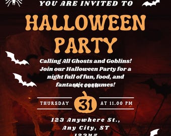 May include: Halloween party invitation with orange text on a dark background. The invitation includes bats, spiderwebs, and carved pumpkins. The text reads "You are invited to Halloween Party" and includes the date and time.