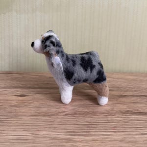 Puede incluir: Una figura de perro de fieltro en posición de pie. El perro tiene un pelaje merle azul con manchas negras, marcas blancas en las patas y la cara, y acentos marrones en las patas. El perro tiene una nariz negra y orejas pequeñas y caídas. El fondo es verde claro.