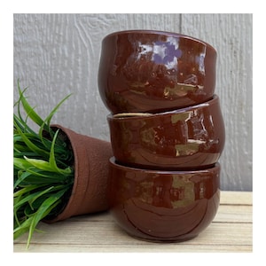 May include: A stack of three glossy, dark brown ceramic bowls with rounded edges. Next to the stack is a textured, terracotta-colored planter containing a cluster of bright green, pointed artificial grass blades, creating a contrast in color.