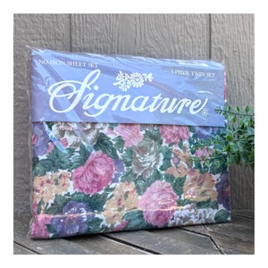 Signature Floral Vintage Twin Sheet Set Flat Fitted Pillowcase NOS ~Cottage Core