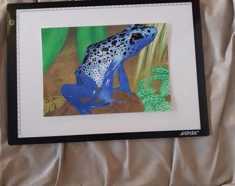 Original Blue Poison Dart Frog Oil Crayon Painting with Ink and Lacquer, Tropical Rainforest Frog Art, Unique Wildlife Artwork, A4, framed