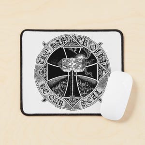 May include: Black and white mousepad featuring a detailed illustration of a hammer within a cross design, surrounded by text that reads "The Hammer of Faith Be Our Seal". The design includes lightning and flames.