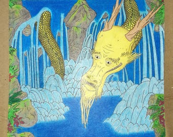 Opera d'arte originale "Drago in cascata", formato A4, inchiostro e pastello a olio, illustrazione fantasy incorniciata
