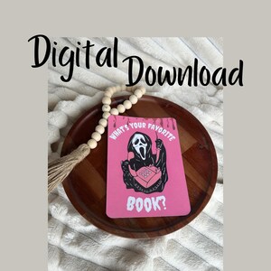 May include: Pink printable card with a white outline and a black and white illustration of Ghostface from the Scream movie franchise. The card says "What's your favorite book?" with a bloody phone and knife in the background.