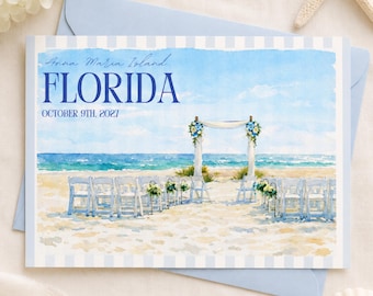 "Save the Date Vorlage ""Küste"", Hochzeit am Strand, Hochzeitspostkarte, Aquarell Design"