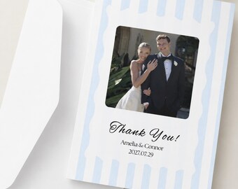 Blaue Streifen Hochzeit Dankeskartenvorlage, bearbeitbares Foto (Digitaler Download)