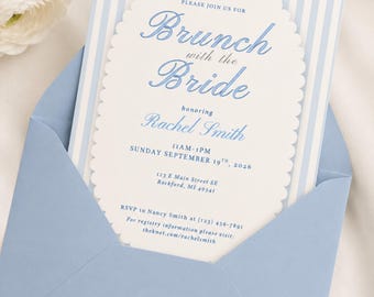 Brautparty-Einladungsvorlage mit blauem Streifen, Brunch mit Braut einladen, bearbeitbare Canva-Einladung