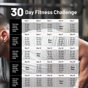 Peut inclure: Un tableau de défi de fitness sur 30 jours avec des routines d'entraînement quotidiennes. Le tableau comprend des exercices comme les pompes, les squats, les tractions, les levées de jambes et les planches, avec des répétitions et des durées croissantes.