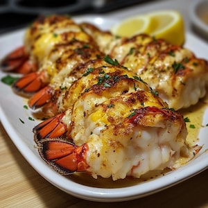 Peut inclure: Gros plan sur un plat blanc avec plusieurs queues de homard cuites au four. Les queues de homard sont recouvertes d'une croûte dorée et garnies de persil frais. Les queues sont disposées en rangée, la plus grosse étant à l'avant du plat. Les queues de homard sont entourées d'une flaque de beurre fondu.