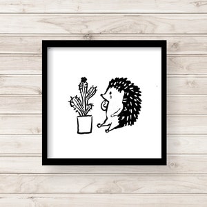 May include: Black and white illustration of a hedgehog crying next to a potted cactus.