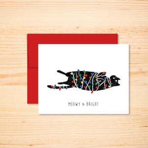 Carte de Noël lumières chat dans le sapin, miaou et lumineux, carte chat joyeux et lumineux, carte de Noël chat drôle, papeterie, carte chat noir