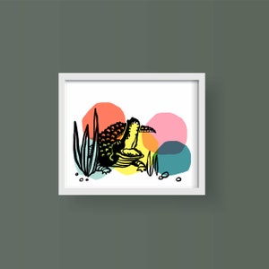 Gator Art Print, 8x10 Gator Wall Art,  Vintage Florida Inspired Illustration, Color Dots, Alligator in the Brush in Colorful Scene