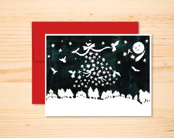 Holiday Village Winter Xmas Card, Christmas Night Sky Illustrated Card, Snowy Decorated Tree Greeting Card, Christmas Doves White on Indigo