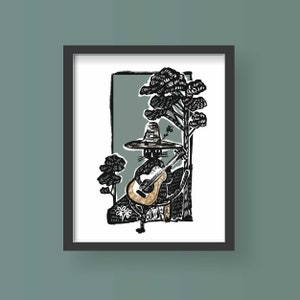 Lámina artística de gato músico folklórico de bluegrass, gato tocando guitarra acústica con árboles, arte de pared, gato con sombrero tocando en la calle, arte de trovador mariachi