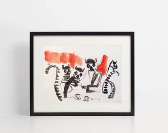 Mod Lemurs Cafe Art Print - 1960s Retro Illustration