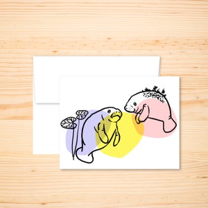 Serenidad marina: tarjeta de felicitación ilustrada de manatíes con fondo colorido punteado