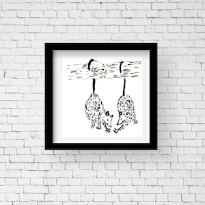 Opossum Art Print - Opossum Love Print, Possum Friends, Opossums High Five Wall Art, Opossums Hanging From Tree, Friendship Poster