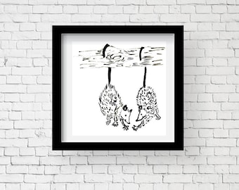 Opossum Art Print - Opossum Love Print, Possum Friends, Opossums High Five Wall Art, Opossums Hanging From Tree, Friendship Poster